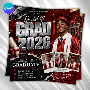 May include: A graduation announcement with a smiling graduate in a red cap and gown. The announcement features the text "He did it! GRAD 2026" in silver, along with event details and the phrase "Celebrate - Our GRADUATE."