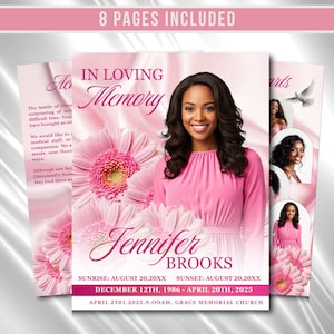 Puede incluir: Un diseño de tarjeta conmemorativa rosa con el texto "In Loving Memory" y "Jennifer Brooks". El diseño incluye una foto de una mujer, margaritas gerbera rosas y fotos adicionales. El texto "8 páginas incluidas" está en la parte superior.