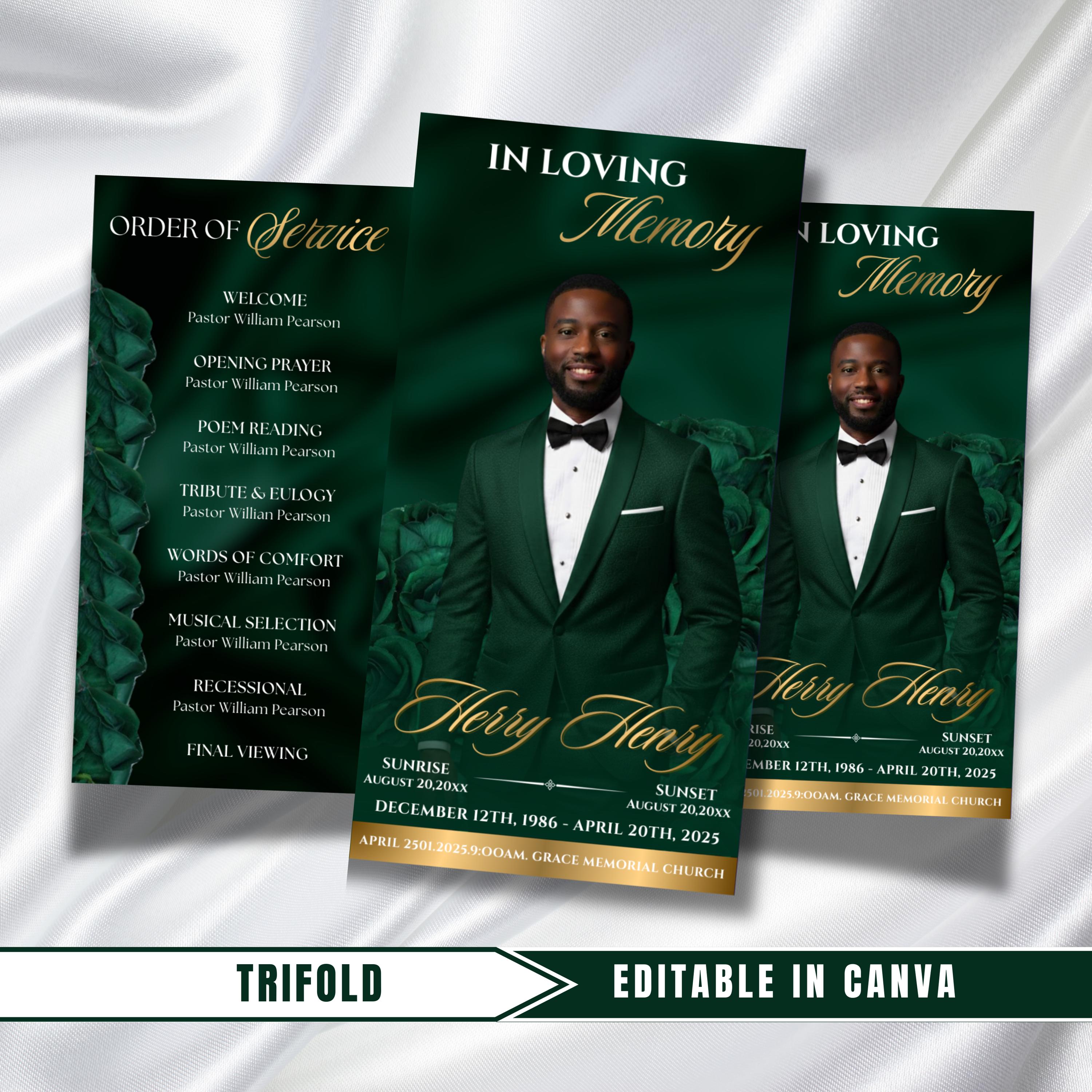 Green & Gold Roses Funeral Program: Trifold Memorial Template (17x11 ...