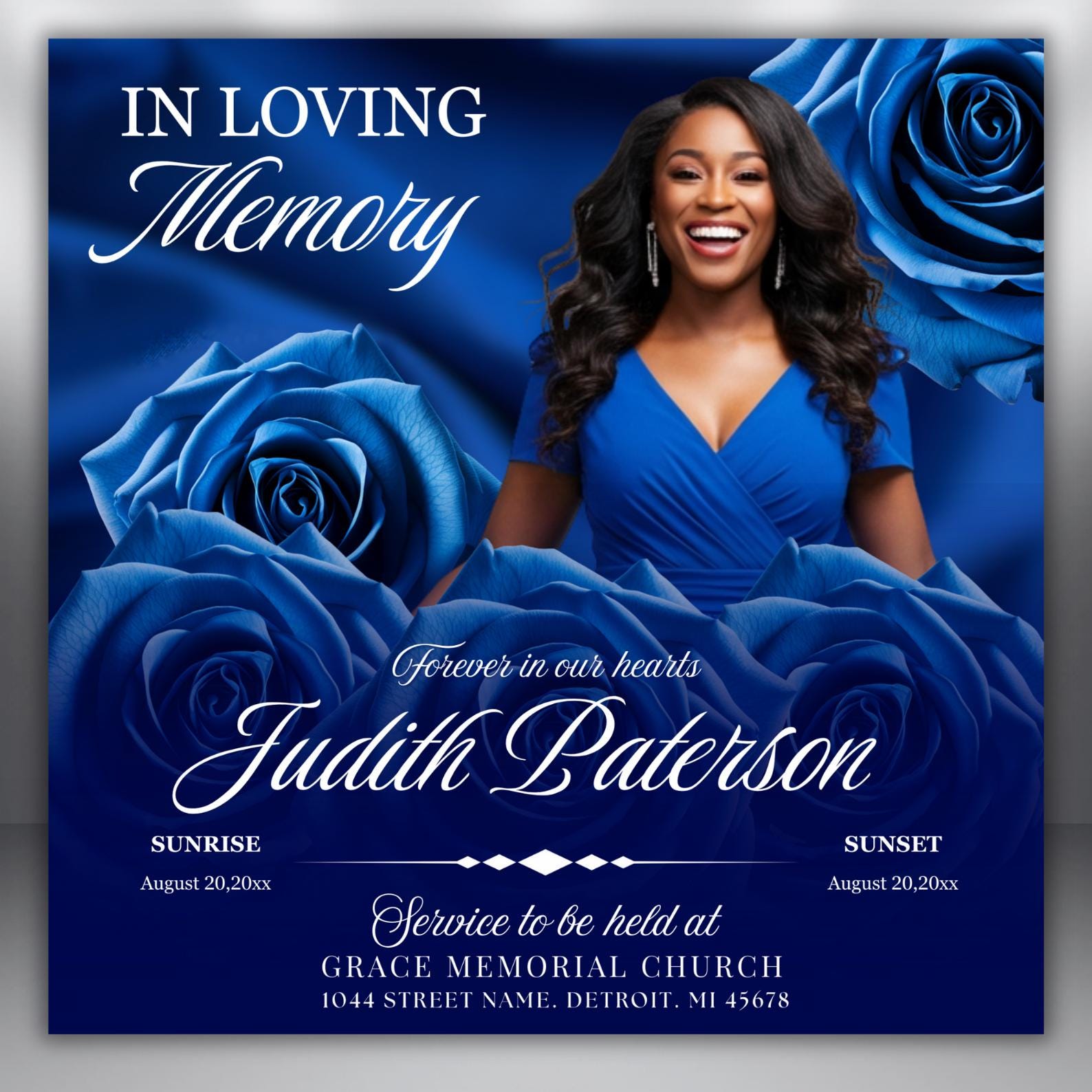 Royal Blue Roses Funeral Announcement Flyer: Obituary, Celebration of ...