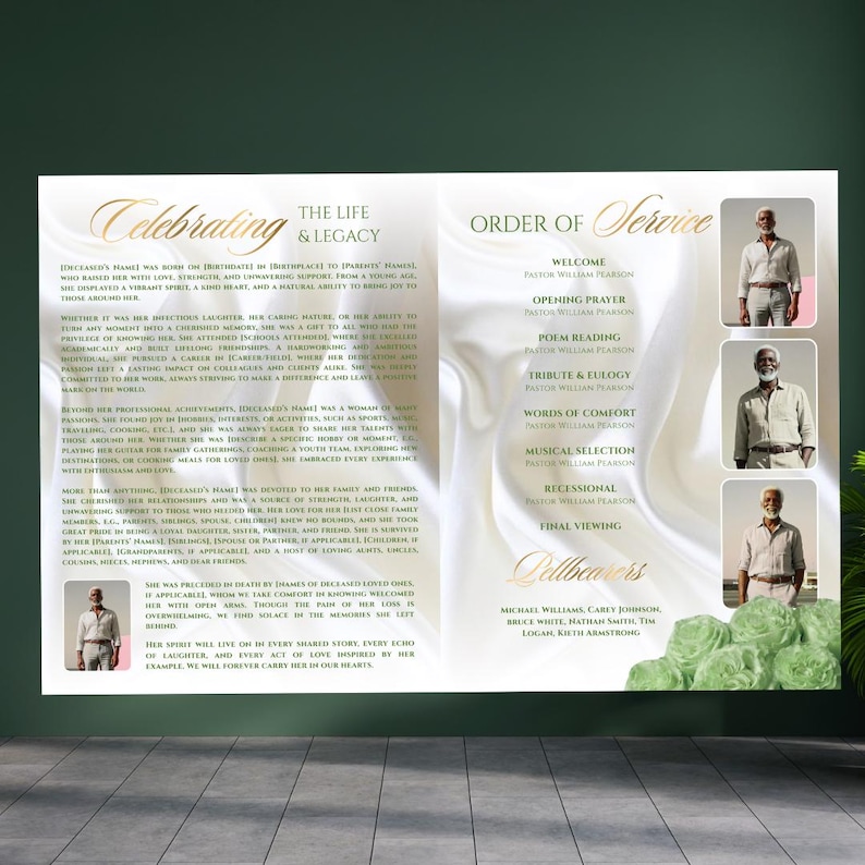 Green & Gold Roses Funeral Program Template: 8-page Memorial (canva PDF ...