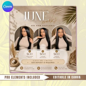 6月の予約案内チラシ、6月の予約受付開始、夏、ヘア、ネイル、まつげエクステ、メイクアップ、予約受付（Canvaテンプレート）