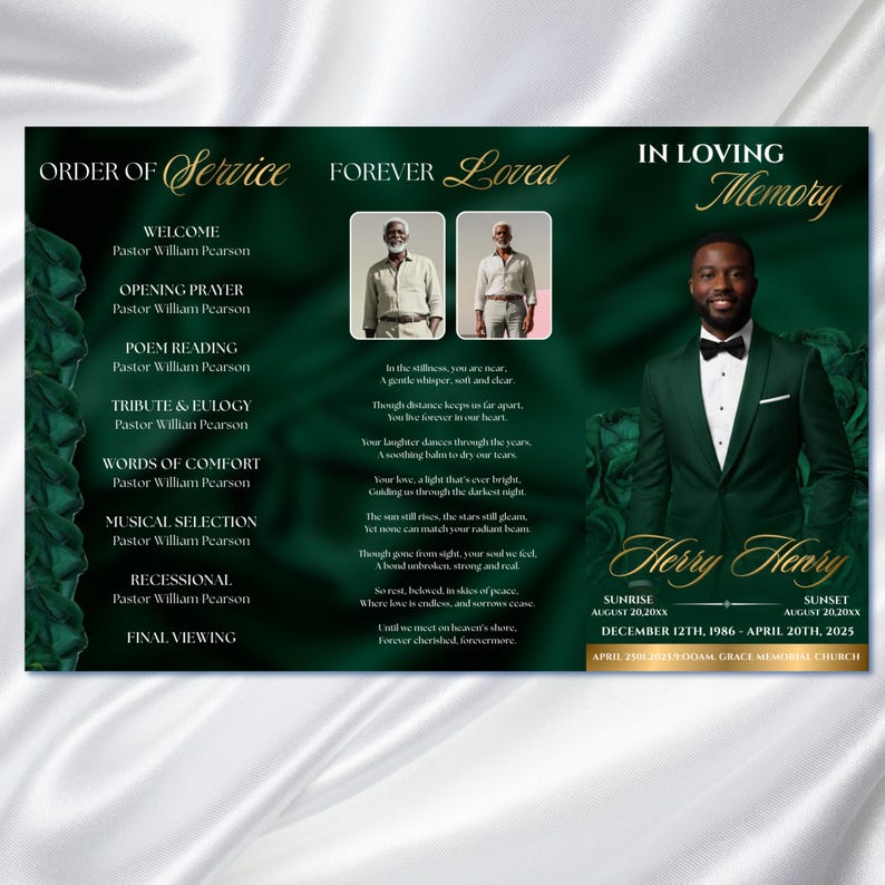 Green & Gold Roses Funeral Program: Trifold Memorial Template (17x11 ...