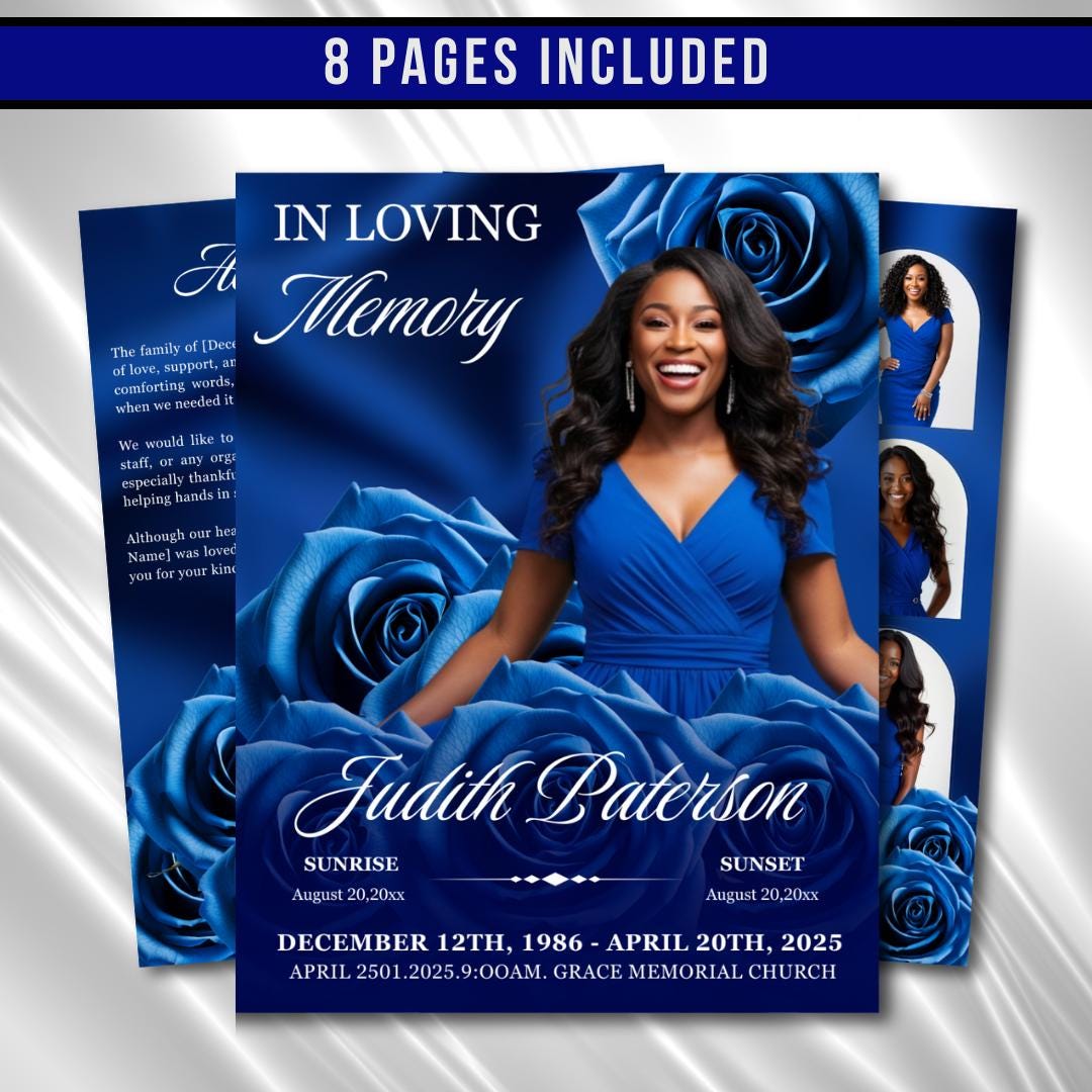 Royal Blue Roses Funeral Program Template: 8-page Memorial (canva PDF ...