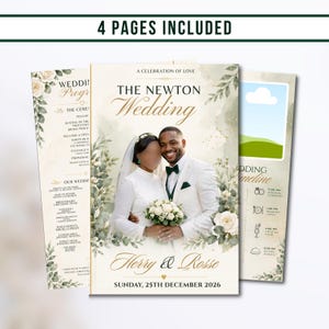 May include: A set of four wedding program pages featuring a cream background with watercolor green leaves and white roses. The center page displays a photograph of a couple, the text THE NEWTON Wedding, Herry & Rosse, and Sunday, 25th December 2026.