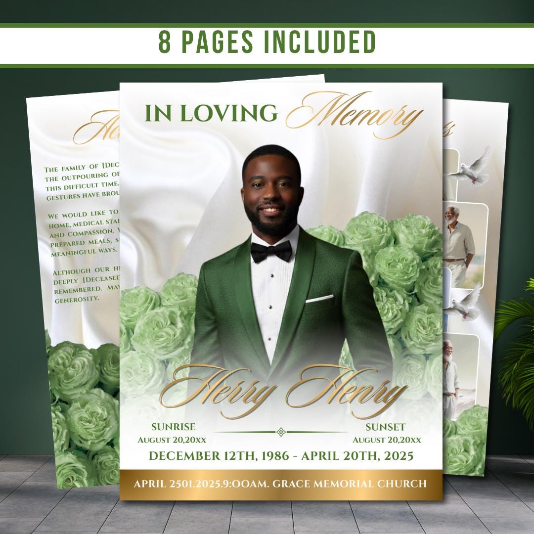Green & Gold Roses Funeral Program Template: 8-page Memorial (canva PDF ...