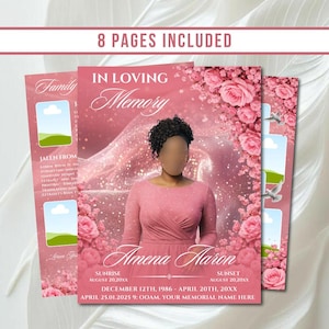 Könnte beinhalten: Eine Trauerprogramm-Vorlage mit einem rosa Blumenmotiv aus Rosen, einem Platzhalter für ein Porträt und dem Text In Loving Memory, Amena Aaron sowie 8 Pages Included. Das Design enthält weiße Tauben und schimmernde, rosa Stofftexturen.