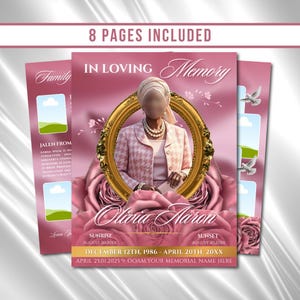 Pink Roses Funeral Pattern: 8-seitiges Trauerprogramm (Canva PDF)