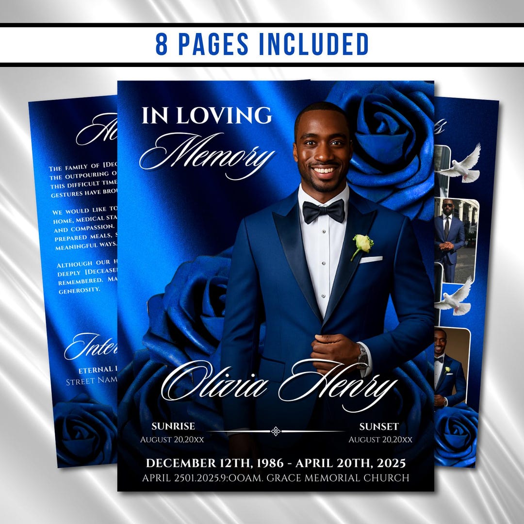 Royal Blue Roses Funeral Program Template: 8-page Memorial (canva PDF ...