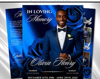 Royal Blue Roses Funeral Program Template: 8-Page Memorial (Canva PDF)