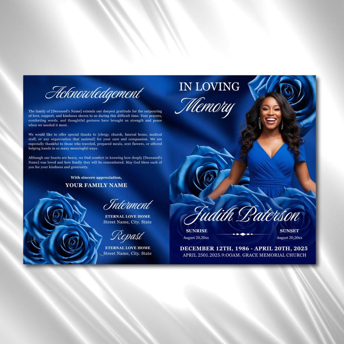 Royal Blue Roses Funeral Program Template: 8-page Memorial (canva PDF ...