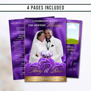 May include: A set of four purple wedding programme pages featuring a central photograph of a couple, gold text reading A CELEBRATION OF LOVE THE NEWTON WEDDING, Herry & Rosse, and SUNDAY, 25TH DECEMBER 20XX, with floral graphics and a wedding timeline.