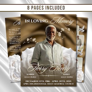 Könnte beinhalten: Ein Gedenkkartendesign mit dem Text "In Loving Memory" und dem Namen "Herry Henry". Das Design beinhaltet ein Foto eines Mannes, weiße Rosen und Tauben. Die Karte enthält auch Daten und den Satz "8 Pages Included".