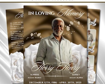 Brown and White Roses Funeral Program Template: 8-Page Memorial (Canva PDF)