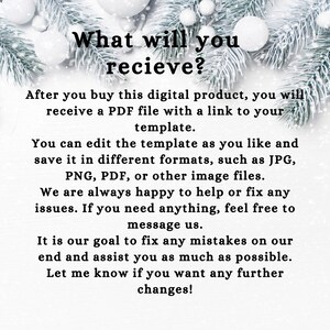 May include: A digital product announcement with text on a white background, framed by winter greenery and white ornaments. The text reads "What will you receive?" and describes the product as a PDF file with a template.