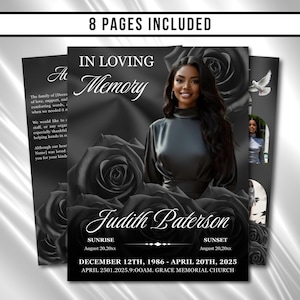 May include: A memorial card design with a black and white color scheme. The design includes the text "In Loving Memory" and "Judith Paterson". The card features a portrait of a woman and black rose illustrations. The text "8 Pages Included" is at the top.