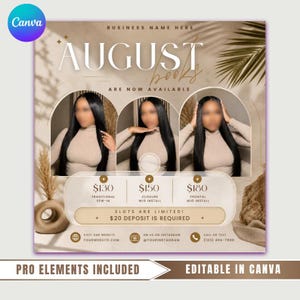 Puede incluir: Un folleto promocional de servicios de peluquería con tres imágenes de una persona con cabello negro largo y liso y una blusa beige de manga larga. El texto incluye AUGUST, books, ARE NOW AVAILABLE, precios de $130, $150, $180 y depósito de $20.