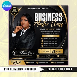 May include: A promotional graphic for a business master class. The design features a woman in a black blazer, with gold and black accents. Text includes "Business Master Class", "Learn, Implement, Grow", and "Register Now!"
