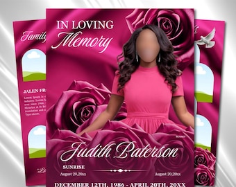 Plantilla de programa funerario Rosas Rosadas: Memorial de 8 páginas (Canva PDF)