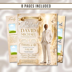May include: A funeral program template featuring a gold and white theme with a portrait of a person in a suit. The text includes "In Loving Memory," "Robert David Michael," "Celebration of Life," and details for a service on May 24, 2025.