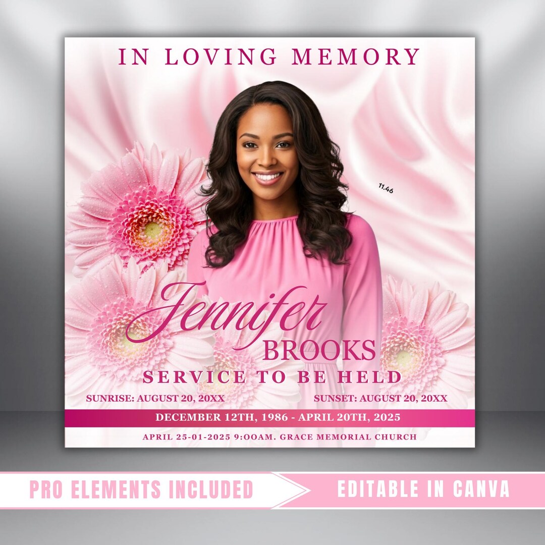 Pink Roses Funeral Announcement Flyer: Obituary, Celebration of Life ...