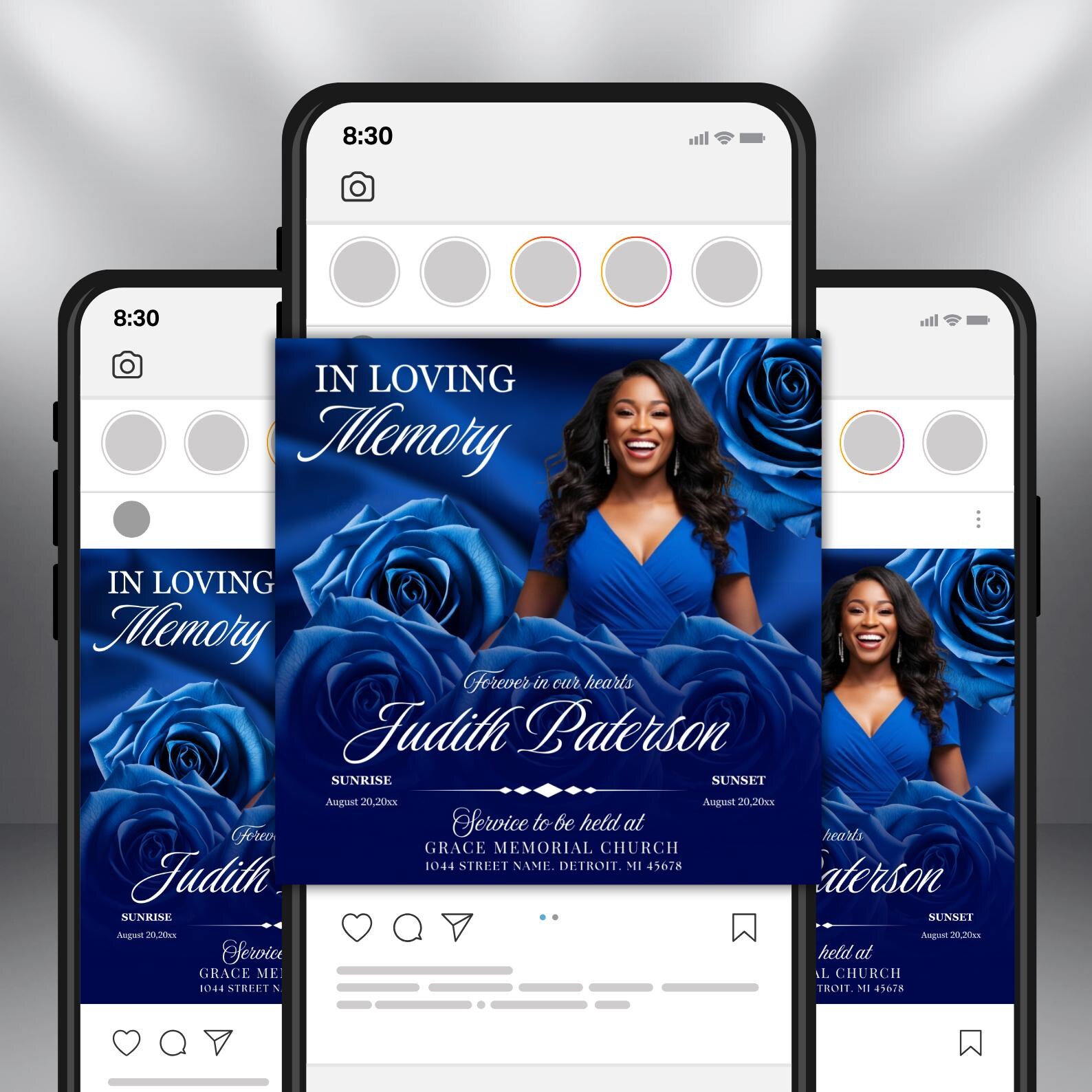 Royal Blue Roses Funeral Announcement Flyer: Obituary, Celebration of ...