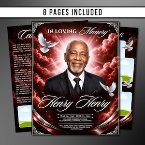 May include: A funeral program template featuring a portrait of an older man in a suit, set against a deep red sky with clouds and white doves. Text includes IN LOVING MEMORY, Henry Henry, dates, and scripture. 8 PAGES INCLUDED is at the top.