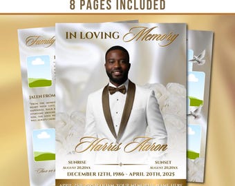 White & Gold Roses Funeral Program Template: 8-Page Memorial (Canva PDF)