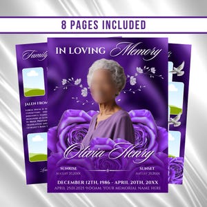 Könnte beinhalten: Eine violette Vorlage für ein Trauerprogramm mit einem zentralen Platzhalter für ein Porträt, umgeben von großen violetten Rosen und zarten weißen Blumenakzenten. Der Text lautet In Loving Memory, Olivia Henry, Sunrise, Sunset und Daten.