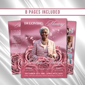 Pink Roses Funeral Program Template: 8-Page Memorial (Canva PDF)