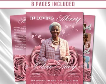 Pink Roses Funeral Program Template: 8-Page Memorial (Canva PDF)