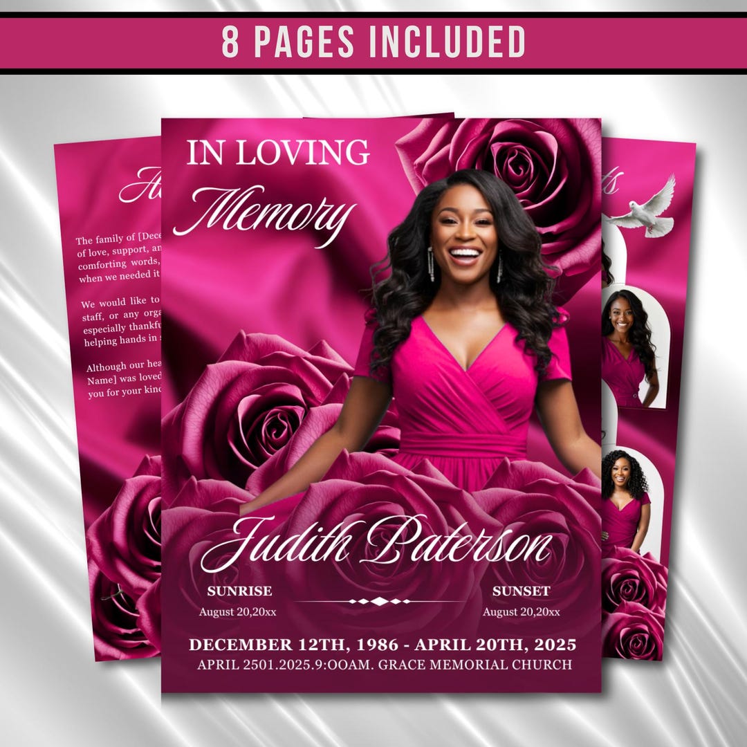 Pink Roses Funeral Program Template: 8-page Memorial (canva PDF) - Etsy