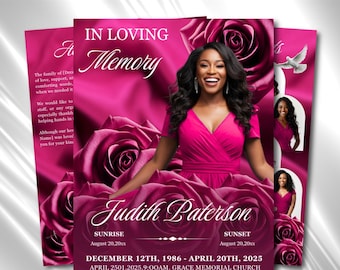Pink Roses Funeral Program Template: 8-Page Memorial (Canva PDF)