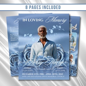 Könnte beinhalten: Ein blaues Gedenkprogramm mit floralem Design. Es zeigt ein Porträt eines Mannes, den Text "In Loving Memory" und den Namen "Berry Henry". Das Programm enthält auch Daten und den Text "8 Pages Included".