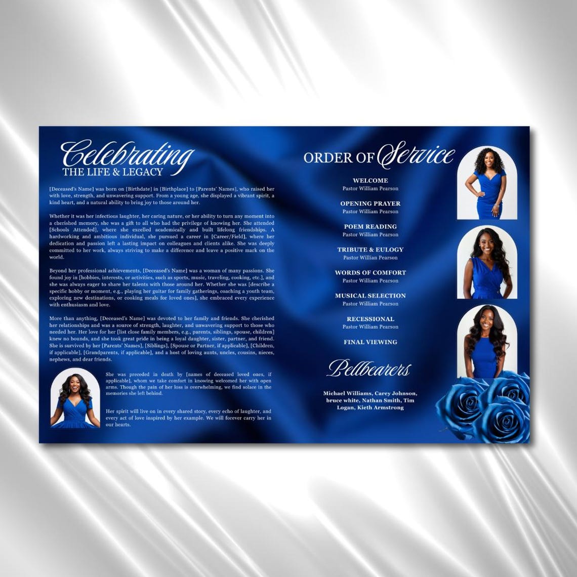 Royal Blue Roses Funeral Program Template: 8-page Memorial (canva PDF ...