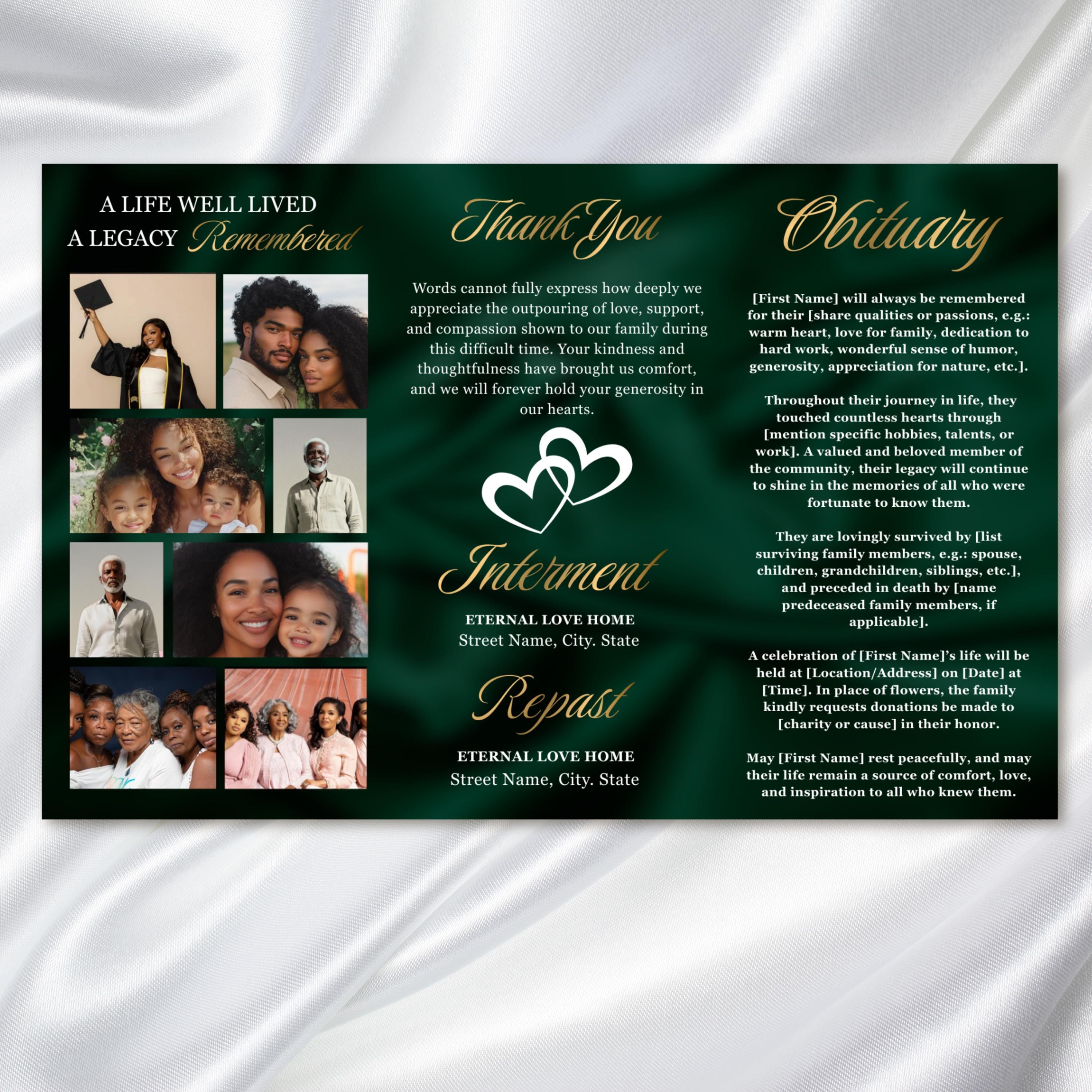Green & Gold Roses Funeral Program: Trifold Memorial Template (17x11 ...