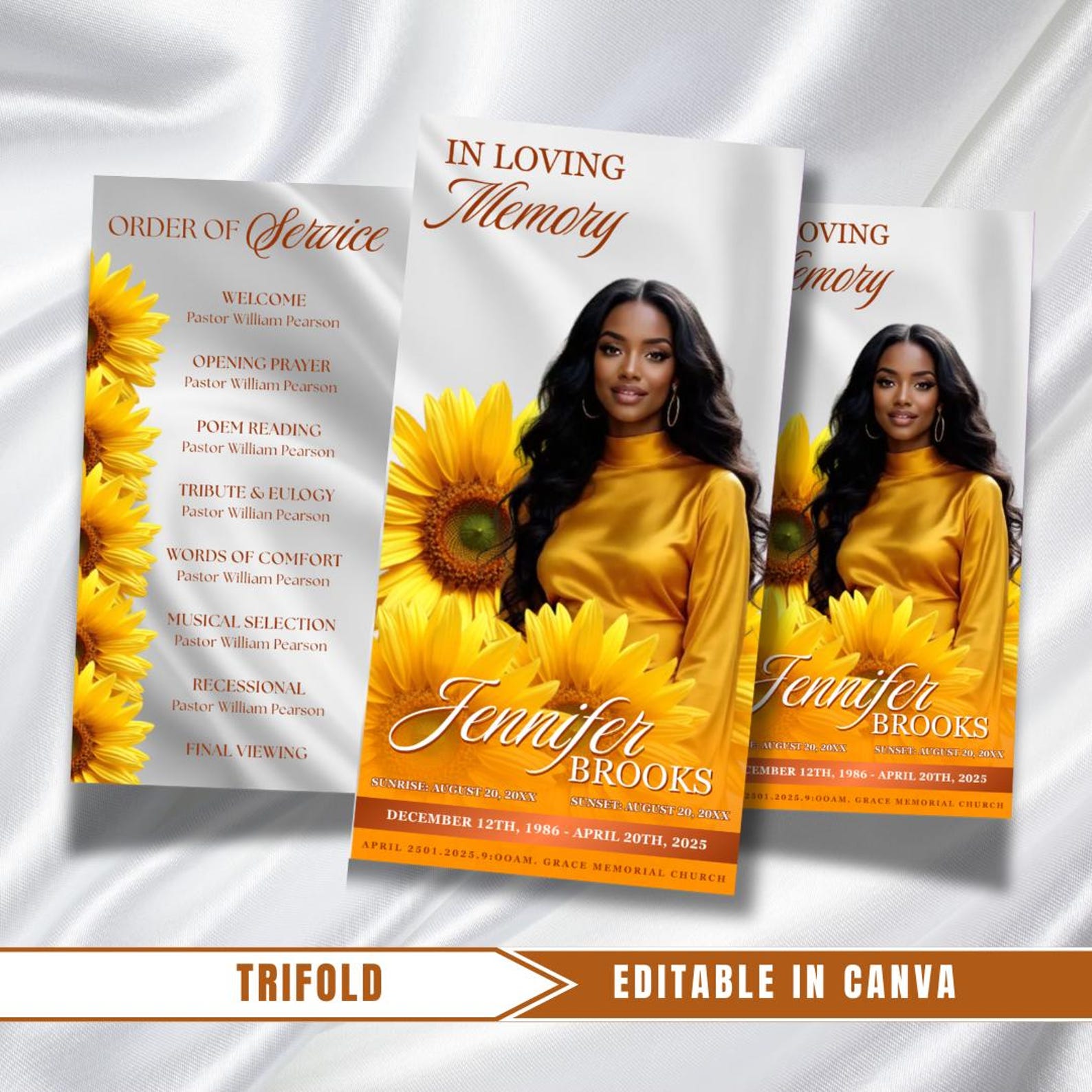 Yellow Roses Funeral Vector Yellow Roses Funeral Program: Trifold Memorial Template (17x11 Canva ...