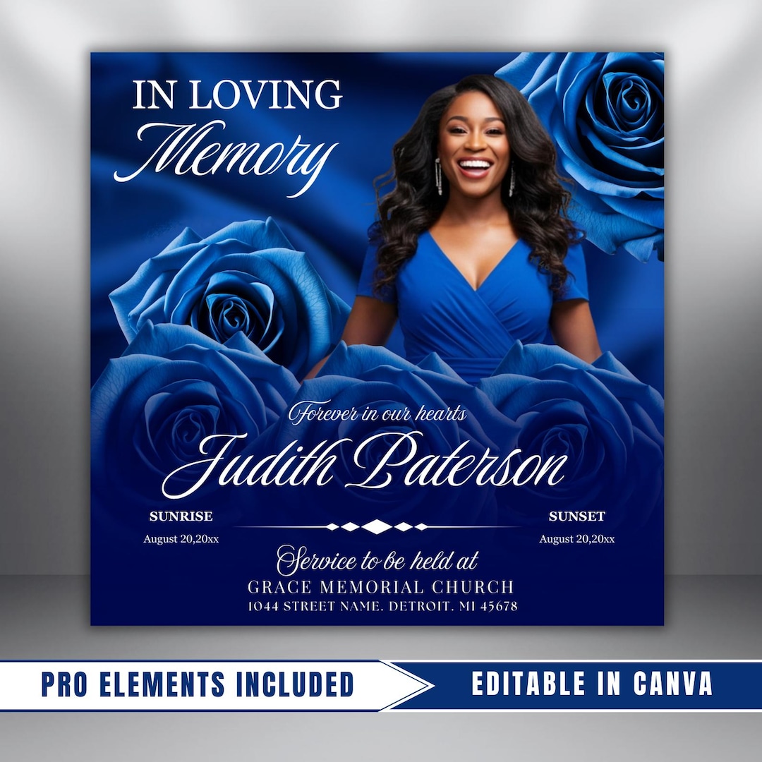 Royal Blue Roses Funeral Announcement Flyer: Obituary, Celebration of ...
