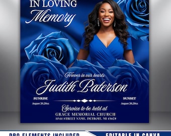 Royal Blue Roses Funeral Announcement Flyer: Obituary, Celebration of Life (Canva Template PDF)