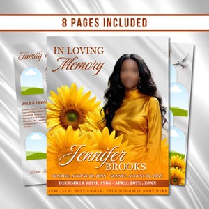 May include: A funeral program template featuring a portrait of a person in a yellow dress, large yellow sunflowers, and the text IN LOVING MEMORY, Jennifer Brooks, Sunrise: August 20, 20XX, Sunset: August 20, 20XX, December 12th, 1986 - April 20th, 20XX.