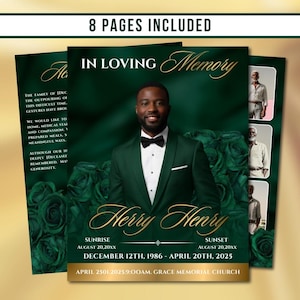 Op de afbeelding: Een herdenkingsprogramma met een portret van een man in een groen pak, met de tekst "In Loving Memory" en "Herry Henry". Het programma bevat data, tijden en de zin "8 Pages Included". De achtergrond toont groene rozen.