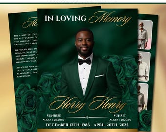 Green & Gold Roses Funeral Program Template: 8-Page Memorial (Canva PDF)