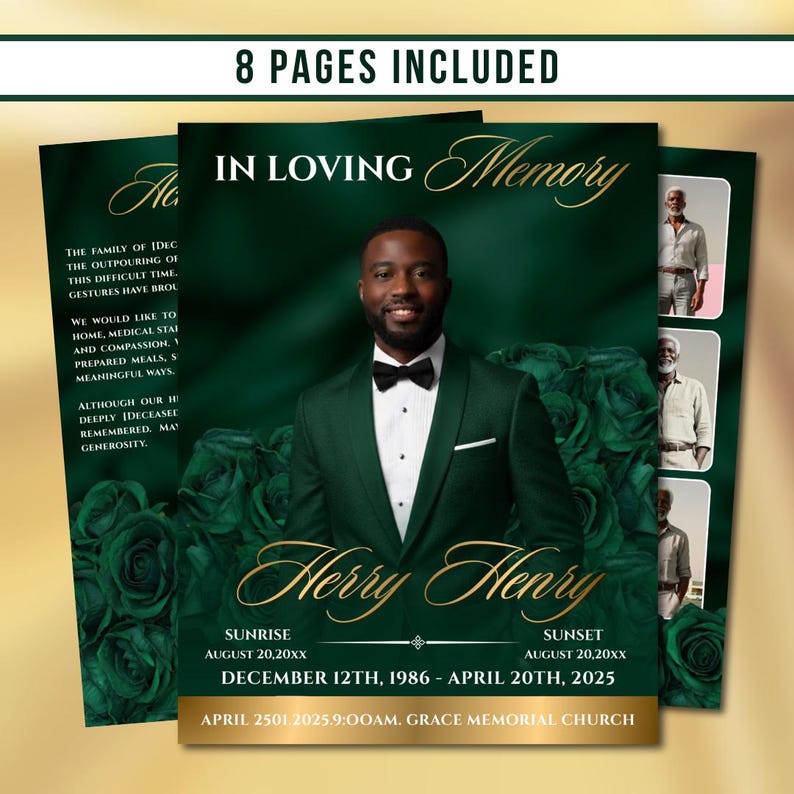 Green & Gold Roses Funeral Program Template: 8-page Memorial (canva PDF ...