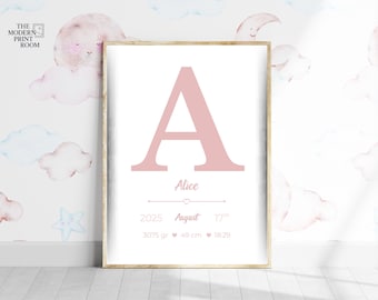 Personalized Birth Poster with Initial | Baby Name Print | Minimalist Nursery Decor | New Baby Gift | Printable Wall Art