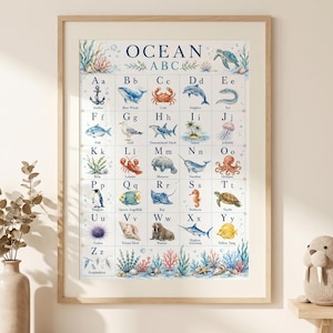 May include: A framed educational wall poster titled OCEAN ABC featuring watercolor illustrations of marine life for each letter of the alphabet, from A for Anchor to Z for Zooplankton, displayed in a light wood frame with a white background.