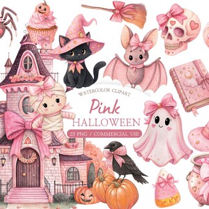 Könnte beinhalten: Eine Sammlung von Aquarell-Cliparts mit einem rosa Spukhaus, einer schwarzen Katze mit rosa Hexenhut, einer Mumie, einem Geist, einer Fledermaus, einem Totenkopf, einer Spinne, Kürbissen, einem Kessel, einem Besen, einem Trank und dem Text Pink Halloween.