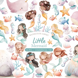 Puede incluir: Clipart de acuarela con sirenas y criaturas marinas. La imagen incluye sirenas con diferentes colores de cabello y cola, junto con peces, caballitos de mar, medusas, estrellas de mar y un narval. El texto "Little Mermaid" también está presente.