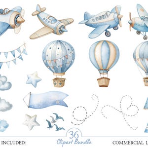 K&ouml;nnte beinhalten: Aquarell-Clipart-Bundle mit blauen Flugzeugen, Hei&szlig;luftballons, Wolken, Sternen und Bannern. Das Bild enth&auml;lt den Text "36 Clipart Bundle" und "Commercial License". Die Illustrationen sind in Blau-, Beige- und Wei&szlig;t&ouml;nen gehalten.