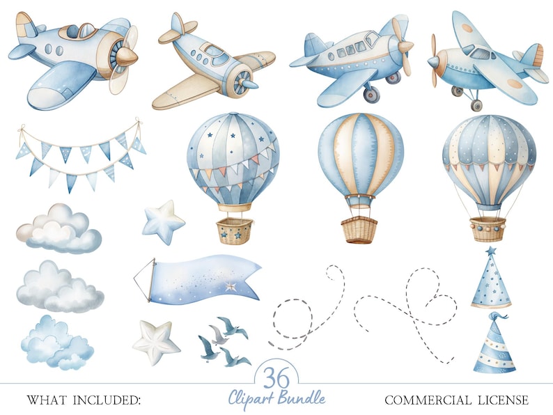 K&ouml;nnte beinhalten: Aquarell-Clipart-Bundle mit blauen Flugzeugen, Hei&szlig;luftballons, Wolken, Sternen und Bannern. Das Bild enth&auml;lt den Text "36 Clipart Bundle" und "Commercial License". Die Illustrationen sind in Blau-, Beige- und Wei&szlig;t&ouml;nen gehalten.