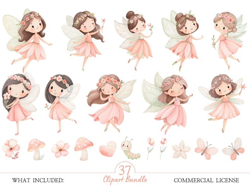 Enchanted Fairy Clipart Bundle: Watercolor Pink Fairy Garden PNG Set ...